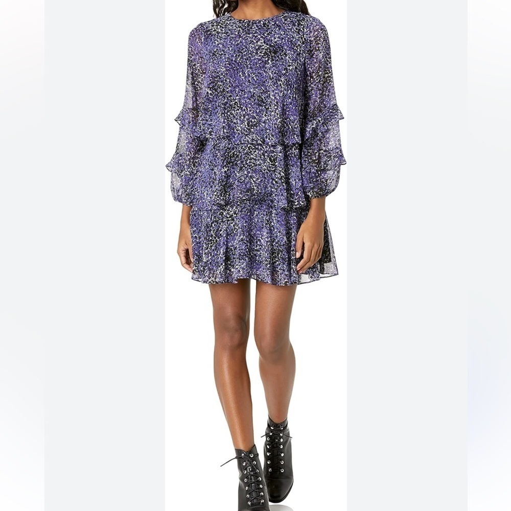 Taylor NWT tiered ruffled flowy mini dress purple black white ruffled sleeve 10